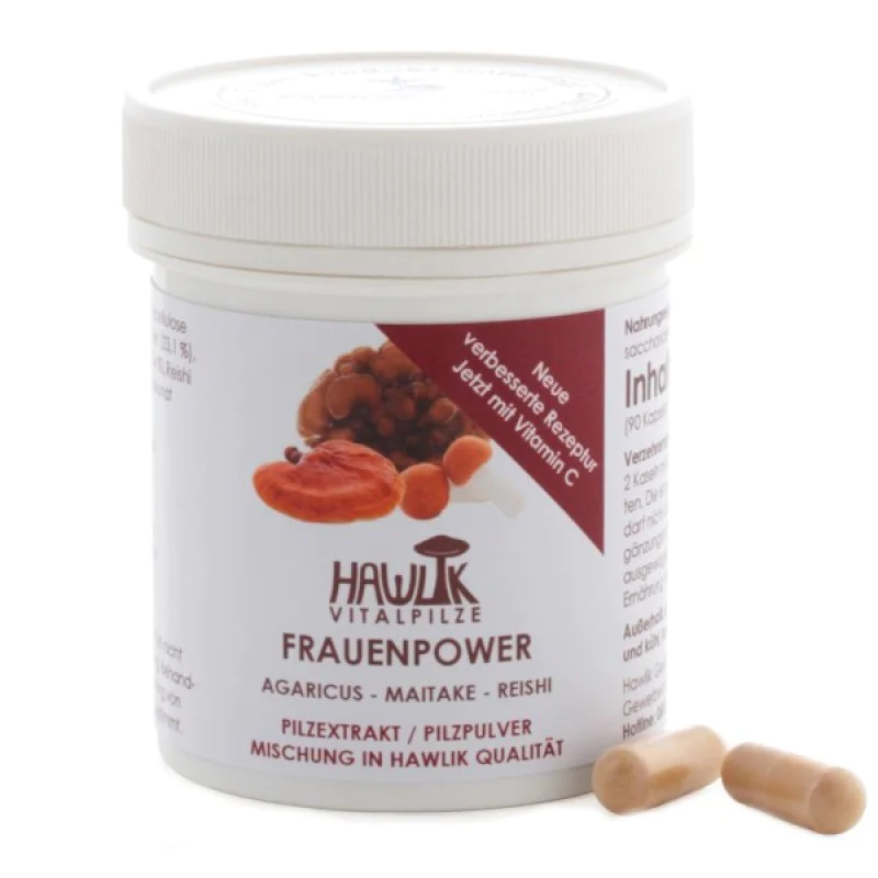 [Frauenpower (Agaricus, Maitake, Reishi) 390 мг 90 капсули | Hawlik Грижи се за здравето на жените Подходящ за прием по време на менопауза Предпазва от рак на гърдата Помага за по-лесно справяне с появата н