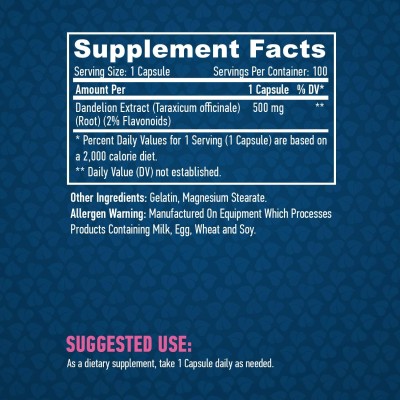 Dandelion Root Extract (2% Flavonoids) 500 мг 100 капсули | Haya Labs Помага при раздразнен стомах Облекчава мускулната болка Силен антиоксидант Помага на черния дроб Стимулира имунната система Глуха Dandelion Root Extract (2% Flavonoids) 500 мг 100 капсу