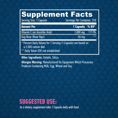 High Potency Vitamin C with Rose Hips 1000 мг 250 капсули  Haya Labs Добро средство за понижаване нивата на триглицериди и холестерол За подсилване на имунните защити Срещу различни инфекциозни състояния High Potency Vitamin C with Rose Hips 1000 мг 250 к