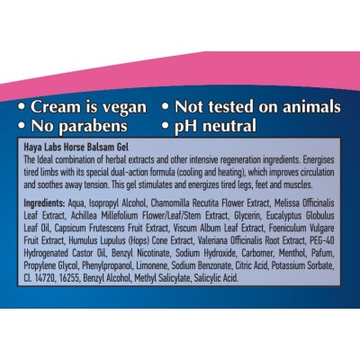 Horse Balsam Gel 500 мл | Haya Labs Облекчава болката при мускулни наранявания Енергизира уморените крайници със специалната си формула с двойно действие Охлажда и заздравява Подобрява циркулацията на кръв Horse Balsam Gel 500 мл | Haya Labs Облекчава бол
