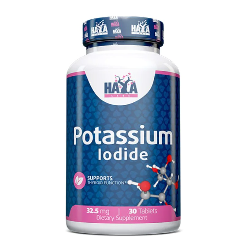 Potassium Iodide 32,5 мг 30 таблетки | Haya Labs Възпрепятства развитието на ендемична гуша Помощно средство при лечение на кератит и гъбичен конюнктивит Подходящ за вегетарианци и вегани Не съдържа Г Potassium Iodide 32,5 мг 30 таблетки | Haya Labs Възпр