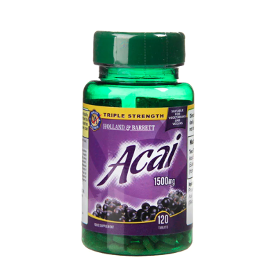 Acai 1500 мг 120 таблетки | Holland & Barrett Мощен антиоксидант, предпазващ от развитието на куп заболявания Грижи се за здравето на сърцето Дарява организма с повече сила и енергия Акай Бери 1500 мг Acai 1500 мг 120 таблетки | Holland & Barrett 