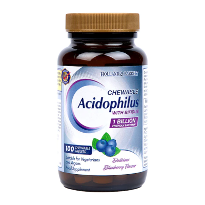 Acidophilus with Bifidus Blueberry Flavour 100 дъвчащи таблетки | Holland & Barrett  Стимулира усвояването на полезните нутриенти и подобрява храносмилането Бори се със запека Увеличава броя на полез Acidophilus with Bifidus Blueberry Flavour 100 дъвч