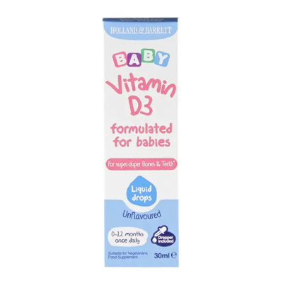 Baby Vitamin D3 Drops 30 мл | Holland & Barrett Готов за употреба - с капкомер Натурален, изключително чист витамин D3 Помага за затварянето на фонтанелата  Грижи се за костната система на бе Baby Vitamin D3 Drops 30 мл | Holland & Barrett Готов з