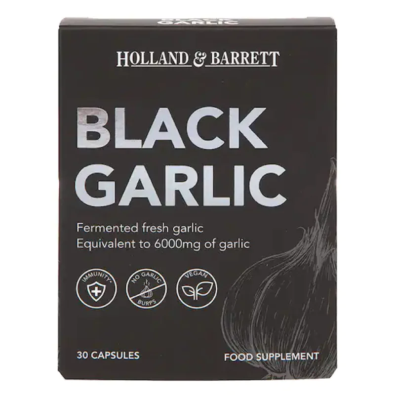 Black Garlic 30 капсули | Holland & Barrett  Стимулира имунната система Мощен антиоксидант Грижи се за сърдечното здраве Черен Чесън 6000 мг на капсули е на топ цена от Holland & Barrett Black Garlic 30 капсули | Holland & Barrett  Стимулира и