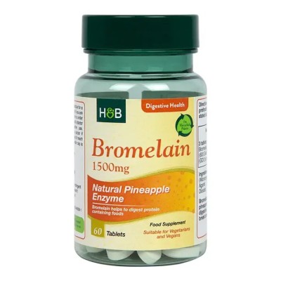 Bromelain 500 мг 60 таблетки | Holland & Barrett  Подпомага храносмилането и спомага за по-лесно изхождане Намалява болката и сковаността при остеоартрит Облекчава симптомите, свързани с възпалението Bromelain 500 мг 60 таблетки | Holland & Barret