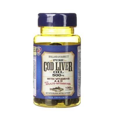 Cod Liver Oil with Multi-Vitamins 500 мг 60 гел-капсули | Holland & Barrett Мощна комбинация от масло от черен дроб на треска и мултивитамини Осигурява здраве и силна имунна система Грижи се за правилната Cod Liver Oil with Multi-Vitamins 500 мг 60 ге