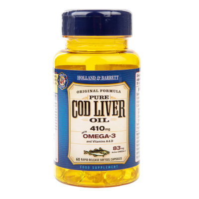 Cod Liver Oil 410 мг 60/100 гел-капсули | Holland & Barrett Естествен продукт, осигуряващ грижа за сърцето Помага за усвояването на калция от организма Източник на витамини Масло от Черен дроб на Треск Cod Liver Oil 410 мг 60/100 гел-капсули | Holland