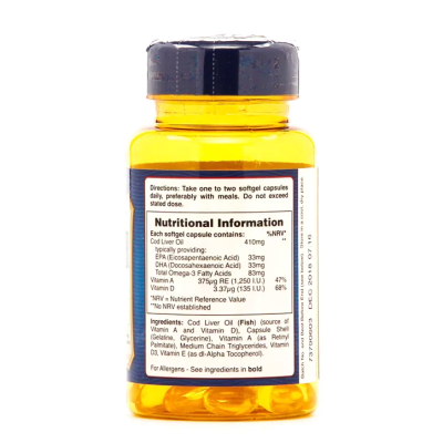 Cod Liver Oil 410 мг 100 гел-капсули | Holland & Barrett Естествен продукт, осигуряващ грижа за сърцето Помага за усвояването на калция от организма Източник на витамини Масло от Черен дроб на Треска + Cod Liver Oil 410 мг 100 гел-капсули | Holland &a