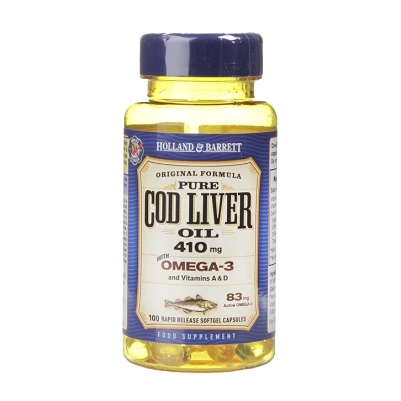 Cod Liver Oil 410 мг 100 гел-капсули | Holland & Barrett Естествен продукт, осигуряващ грижа за сърцето Помага за усвояването на калция от организма Източник на витамини Масло от Черен дроб на Треска + Cod Liver Oil 410 мг 100 гел-капсули | Holland &a