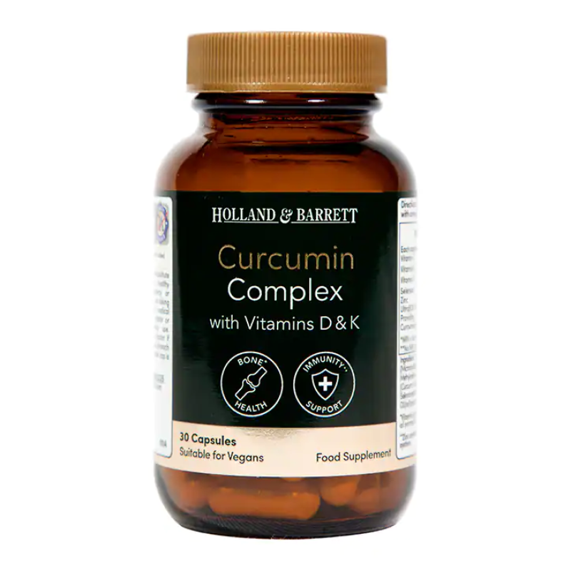 Curcumin Complex with Vitamins D&K 30 капсули | Holland & Barrett  Стимулант за имунната система Бори се успешно с възпалението Предпазва костите от счупване Куркумин Комплекс с Витамини Д&amp Curcumin Complex with Vitamins D&K 30 капсули 