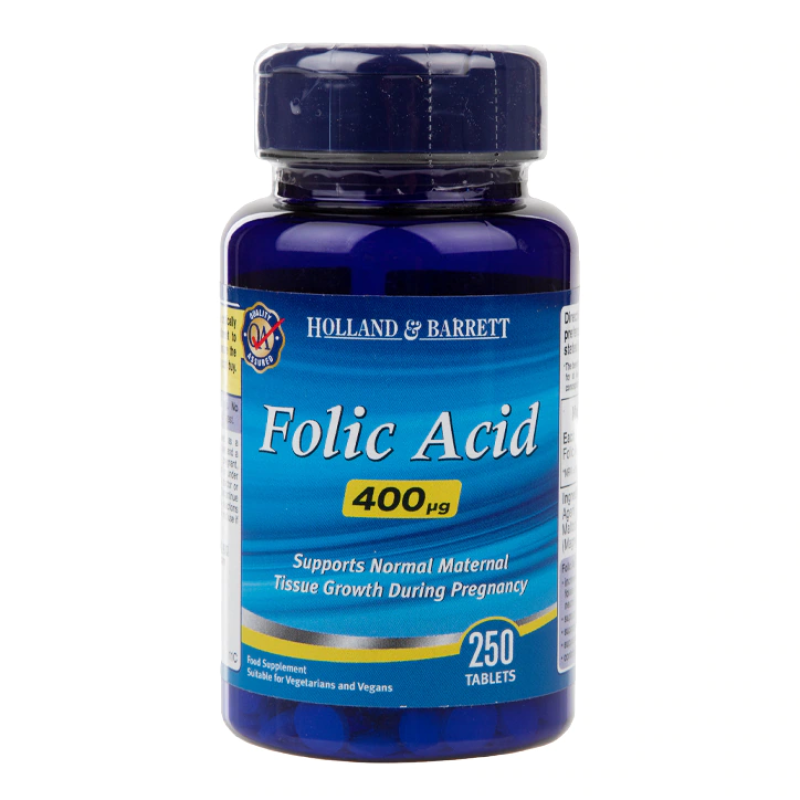 Folic Acid 400 мкг 250 таблетки | Holland & Barrett  Подкрепя нормалния растеж на майчините тъкани по време на бременност Повишава енергията Подобрява паметта и концентрацията Намалява стреса З Folic Acid 400 мкг 250 таблетки | Holland & Barrett  