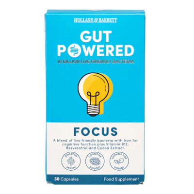 Gut Powered Focus 30 капсули | Holland & Barrett Спомага по-добрата концентрация Стимулира имунитета и се грижи за цялостното здраве на човека Предотвратява проблеми с храносмилането Пробиотична Формул Gut Powered Focus 30 капсули | Holland & Barr