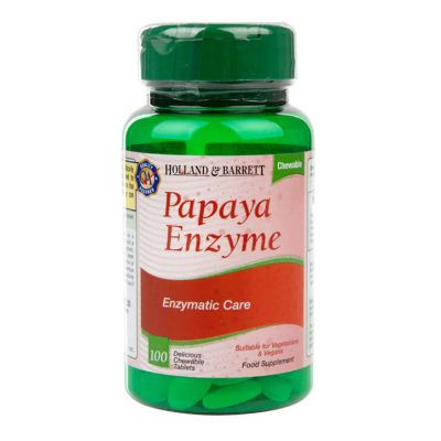 Papaya Enzyme 100 дъвчащи таблетки | Holland & Barrett Изцяло естествен продукт, който облекчава стомашната болка Подобрява храносмилането Грижи се за здравето на стомаха Предпазва от оксидативен стрес Papaya Enzyme 100 дъвчащи таблетки | Holland &amp
