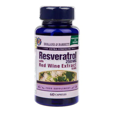 Resveratrol 250 мг with Red Wine Extract 10 мг 60 капсули | Holland & Barrett Мощен антиоксидант Предпазва от развитие на сърдечни заболявания Регулира кръвното налягане Ресвератрол с Екстракт от Черве Resveratrol 250 мг with Red Wine Extract 10 мг 60