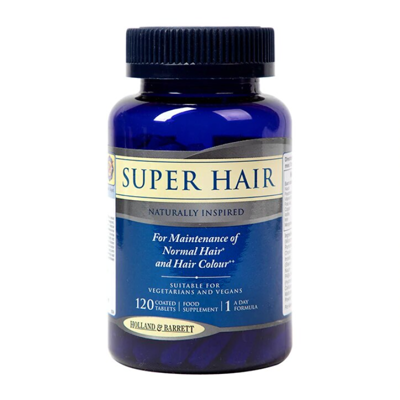 Super Hair 120 таблетки | Holland & Barrett  Комбинация от витамини и минерали За здрава и сияйна коса Действа успешно против загуба на коса Възстановява изтощената и третирана коса Добавка за Super Hair 120 таблетки | Holland & Barrett  Комбинаци