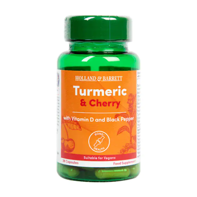Turmeric and Cherry with Vitamin D & Black Pepper 30 капсули | Holland & Barrett Мощен антиоксидант Грижи се за храносмилателната система и здравето на стомаха Стимулира имунната система Предпазва Turmeric and Cherry with Vitamin D & Black Pep