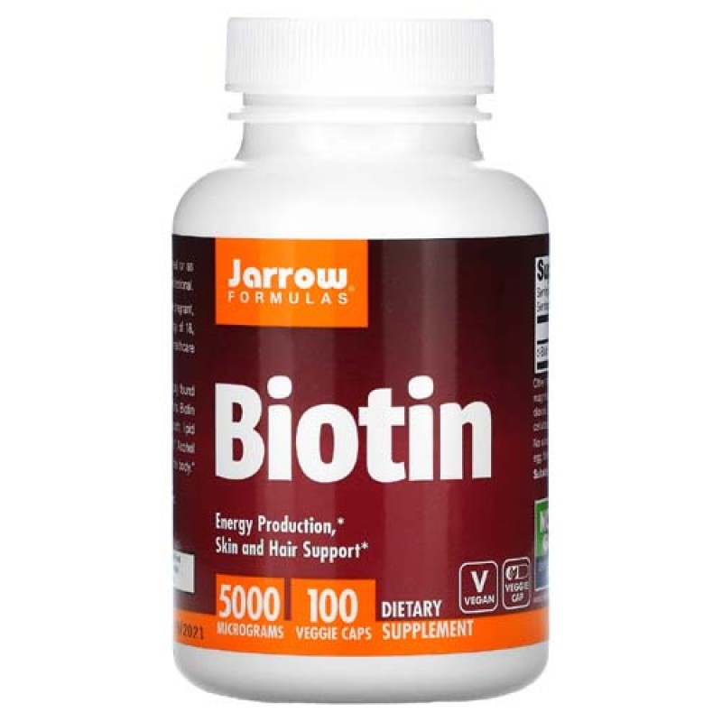 Biotin 5000 мкг 100 вегетариански капсули | Jarrow Formulas Помага за поддържане на здрава коса и нокти Регулира енергийния метаболизъм Влияе върху състоянието на лигавиците Biotin 5000 мкг капсули е на су Biotin 5000 мкг 100 вегетариански капсули | Jarro