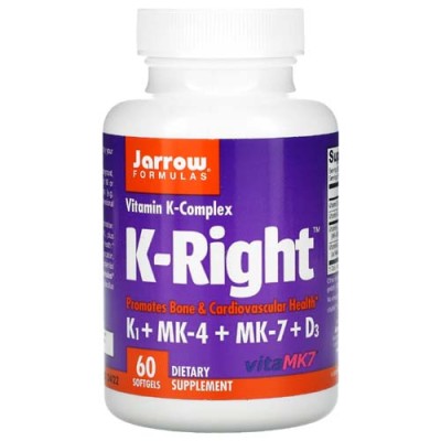 K-Right 60 гел-капсули | Jarrow Formulas Допринася за здрави кости и зъби Ефективен в борбата със свободните радикали Защита на артериалните стени от калцификация Стимулиране на имунната система K-Right K-Right 60 гел-капсули | Jarrow Formulas Допринася з