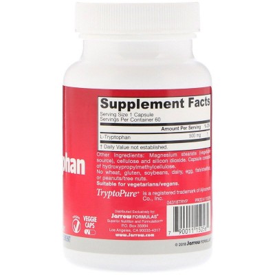 L-Tryptophan 500 мг 60 веге капсули | Jarrow Formulas Успокоява организма, стимулира продължителния сън Помага на тялото да се отпусне Потиска апетита Съдейства за разграждането на мазнини от натрупани изл L-Tryptophan 500 мг 60 веге капсули | Jarrow Form