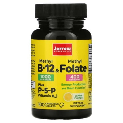Methyl B-12 & Methyl Folate 400 мкг 100 дъвчащи таблетки | Jarrow Formulas Подпомага производството на енергия  Съдържа фолиева киселина от ново поколение Подходящ за вегетарианци и вегани Метил Б Methyl B-12 & Methyl Folate 400 мкг 100 дъвчащи та