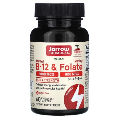 Mетил-B12, Mетилфолат + Р5Р 60 дъвчащи таблетки I Jarrow Formulas Подпомага правилното функциониране на мозъка и нервната система като цяло Предпазва от развитие на сърдечни заболявания Стимулира произвеждане Mетил-B12, Mетилфолат + Р5Р 60 дъвчащи таблетк