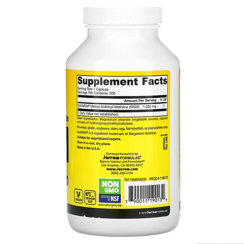 MSM Sulfur 1000 мг 200 веге капсули | Jarrow Formulas MSM Sulfur 1000 мг 200 капсули | Jarrow FormulasЗа по-голяма гъвкавост и еластичност на ставите
Възстановява и стимулира колагено-производството
Осигурява имунната подкрепа
Нормализира кръ MSM Sulfur 1000 мг 200 капсули | Jarrow Formulas За по-голяма гъвкавост и еластичност на ставите Възстановява и стимулира колагено-производството Осигурява имунната подкрепа Нормализира кръвната захар С MSM Sulfur 1000 мг 200 капсули | Jarrow Formulas За