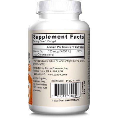 Vitamin D3 5000 IU 100 гел-капсули | Jarrow Formulas Осигурява защита от много заболявания Поддържа здрава имунна система Улеснява чревната абсорбция на калций Поддържа здрави костите Витамин Д3 5000 ед Vitamin D3 5000 IU 100 гел-капсули | Jarrow Formulas
