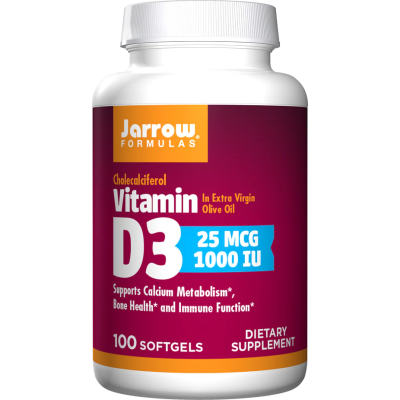 Vitamin D3 (Cholecalciferol) 25 мкг (1000 IU) 100/200 гел-капсули | Jarrow Formulas Засилва имунитета Положително въздейства върху зъбите и костната структура Намалява броя на възпалителните състояния Подп Vitamin D3 (Cholecalciferol) 25 мкг (1000 IU) 100
