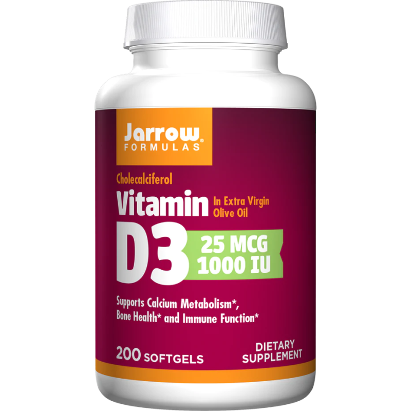 Vitamin D3 (Cholecalciferol) 25 мкг (1000 IU) 200 гел-капсули | Jarrow Formulas Засилва имунитета Положително въздейства върху зъбите и костната структура Намалява броя на възпалителните състояния Подпомаг Vitamin D3 (Cholecalciferol) 25 мкг (1000 IU) 200