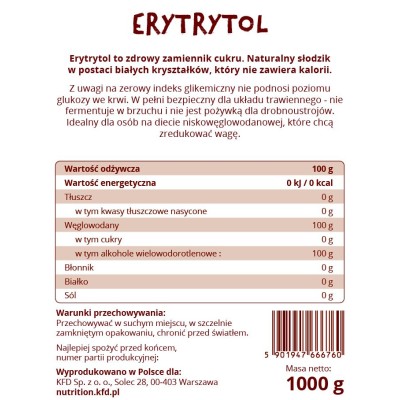 Erythritol 1000 гр | KFD Nutrition Съдържа 0 калории Подходящ за хора на диета Чудесен заместител на захарта, препоръчен за прием от диабетици Не повишава нивото на кръвната захар Еритритол (Erythritol) Erythritol 1000 гр | KFD Nutrition Съдържа 0 калории
