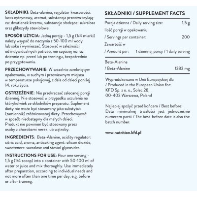 Premium Beta Alanine на прах (различни вкусове) 300 гр | KFD Nutrition Подпомага производството на карнозин Повишава издръжливостта по време на тренировка Ускорява възстановяването след проведена трениро Premium Beta Alanine на прах (различни вкусове) 300