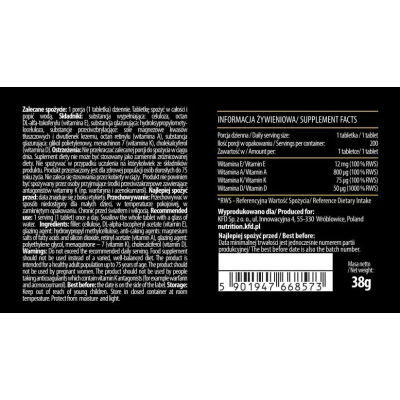 Vitamin A-D-E-K 200 таблетки | KFD Nutrition Осигурява здравина на костната система Грижи се за здравето на Вашите очи Стимулира имунната система Подобрява здравето на сърцето и сърдечния ритъм Вит Vitamin A-D-E-K 200 таблетки | KFD Nutrition Осигурява зд
