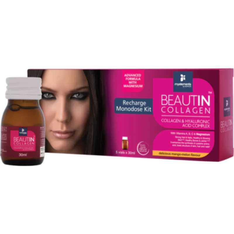 Me Beautin Collagen + Magnesium 5 x 30 ml I MyElements Насърчава оздравяването и красотата отвътре Подобрява кожата, косите и ноктите структурно Стимулира синтезирането на натурален еластин и колаген в тялото Me Beautin Collagen + Magnesium 5 x 30 ml I My