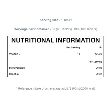 Vitamin C with Bioflavonoids & Rosehips 180 таблетки I MYPROTEIN Има антиоксидантна активност Бори се с инфекции и възпаления Подобрява състоянието на зъбите, косата, костите Заздравява имунната систем Vitamin C with Bioflavonoids & Rosehips 180 т