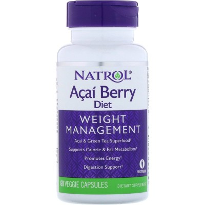 Акай Бери Диета (Acai Berry Diet) | 60 веге капсули | 30 дни | Natrol Мощна формула за отслабване, базирана на cyпep xpaнитe - Aĸaй и Зeлeн чaй. Активни съставки - Акай бери, Зелен чай, Бял чай, Кола ядки, Акай Бери Диета (Acai Berry Diet) | 60 веге капсу