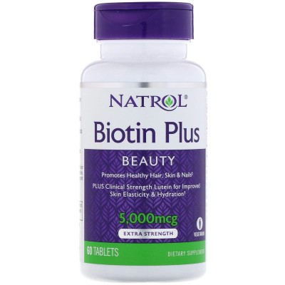 Biotin Plus Lutein 5000 мкг 60 таблетки | Natrol Подобрява вида на кожата Спомага растежа на косата Заздравява ноктите Подпомага насищането на корените на косата с кислород За синтезиране на хемогл Biotin Plus Lutein 5000 мкг 60 таблетки | Natrol Подобряв