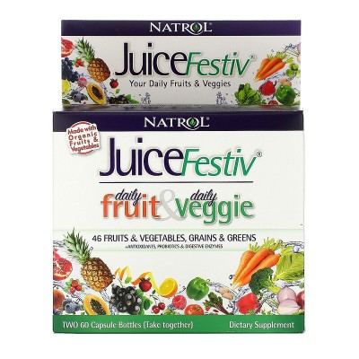 JuiceFestiv (VeggieFestiv + FruitFestiv) 60 + 60 капсули | Natrol Притежава силни антиоксидантни действия Укрепва имунната система Подпомага храносмилателните процеси За детоксикация Намалява телес JuiceFestiv (VeggieFestiv + FruitFestiv) 60 + 60 капсули 