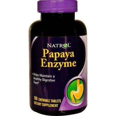 Papaya Enzyme 100 дъвчащи таблетки | Natrol Запълва липсата от ферменти на панкреаса Способства за усвояването на някои витамини Обезпечава правилното храносмилане Помага при стомашно-чревни пробл Papaya Enzyme 100 дъвчащи таблетки | Natrol Запълва липсат