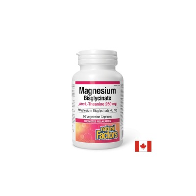 Магнезий (бисглицинат) 40 mg + Л-Теанин 250 mg х 90 капсули | Natural Factors Магнезий (бисглицинат) 40 mg + Л-Теанин 250 mg х 90 капсули | Natural Factors