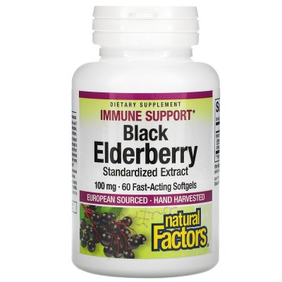 Black Elderberry (стандартизиран екстракт) 100 мг 60 гел-капсули | Natural Factors Изцяло натурален продукт Стимулира имунната система и предпазва организма Грижи се за здравето на пикочната система Благоп Black Elderberry (стандартизиран екстракт) 100 мг
