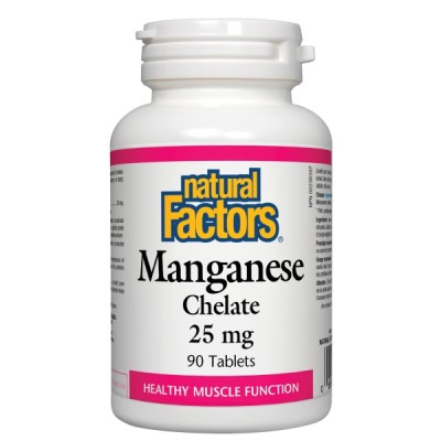 Манган (Хелат) 25 мг 90 таблетки I Natural Factors Стимулира изработването на аскорбинова киселина Нормализира мозъчната дейност Участва в клетъчното делене Спомага за растежа на съединителна тъкан Стим Манган (Хелат) 25 мг 90 таблетки I Natural Factors С