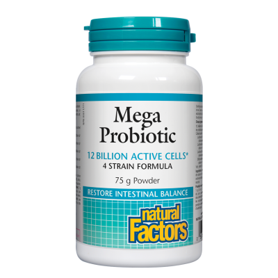 Mega Probiotic 12 млрд. активни организми 75 гр Прах | Natural Factors Възстановява здравословния баланс на чревната флора Подобрява усвояването на хранителни вещества Подобрява имунната функция Подобрява Mega Probiotic 12 млрд. активни организми 75 гр Пр