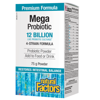 Mega Probiotic 12 млрд. активни организми 75 гр Прах | Natural Factors Възстановява здравословния баланс на чревната флора Подобрява усвояването на хранителни вещества Подобрява имунната функция Подобрява Mega Probiotic 12 млрд. активни организми 75 гр Пр