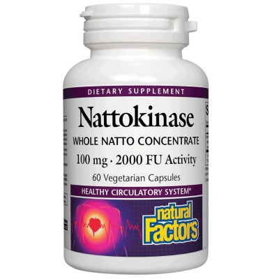 Nattokinase 100 мг 60 веге капсули | Natural Factors За активиране естественото производство на плазмин, който предотвратява образуването на кръвни съсиреци За поддържане нормален кръвоток по коро Nattokinase 100 мг 60 веге капсули | Natural Factors За ак
