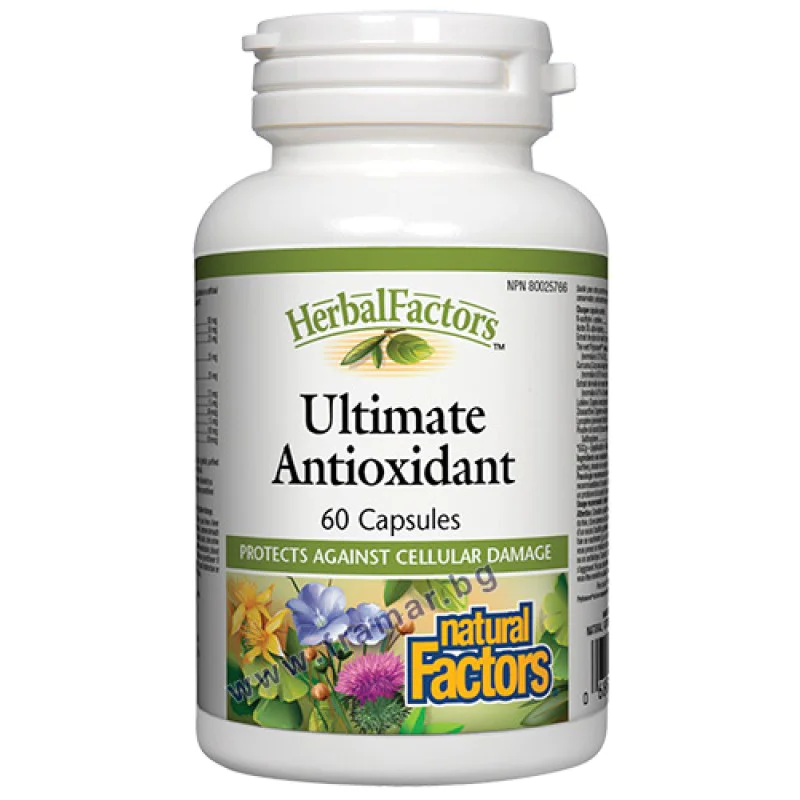 Ultimate Antioxidant 336 mg 60 capsules | Natural Factors Съдържа комплекс от антиоксиданти Може да забави процесите на стареене По-малък риск от болести Осигурява защита на клетъчно ниво от окислителен ст Ultimate Antioxidant 336 mg 60 capsules | Natural