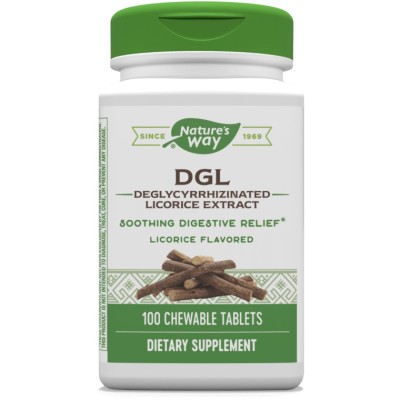 DGL 100 дъвчащи таблетки | Natures Way За успокояване на стомашно-чревни проблеми Съдържа по-малко от 1% глициризин, за да се избегне потенциален ефект върху кръвното налягане Подходящ за вегетариан DGL 100 дъвчащи таблетки | Natures Way За успокояване на