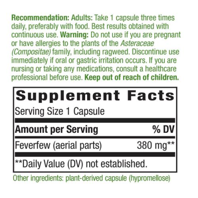 Feverfew Herb 380 мг 100 веган капсули | Natures Way Feverfew 380 мг 100/180 веган капсули | Natures WayСрещу сърдечни заболявания
Подпомага дихателната система
Бори се с възпалителните процеси в тялото
Предотвратява атеросклероза
Помага пр Feverfew 380 мг 100/180 веган капсули | Natures Way Срещу сърдечни заболявания Подпомага дихателната система Бори се с възпалителните процеси в тялото Предотвратява атеросклероза Помага при треска Feverfew 380 мг 100/180 веган капсули | Natures Way Срещу