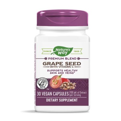 Grape Seed with Vitamin C 30 веган капсули | Natures Way Екстрактът от гроздови семки е стандартизиран до 95% полифеноли (включително OPC), за да поддържа здрава кожа, съединителна тъкан и съдови стени Подп Grape Seed with Vitamin C 30 веган капсули | Nat