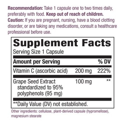 Grape Seed with Vitamin C 30 веган капсули | Natures Way Екстрактът от гроздови семки е стандартизиран до 95% полифеноли (включително OPC), за да поддържа здрава кожа, съединителна тъкан и съдови стени Подп Grape Seed with Vitamin C 30 веган капсули | Nat